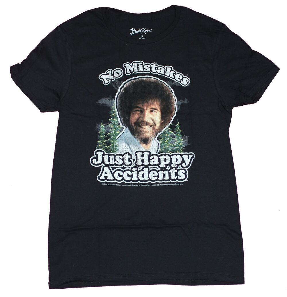 Bob Ross T-Shirt No Mistakes Just Happy Accidents 100% Cotton Crew Neck Black L
